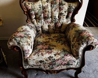 Antique Victorian Carved Mahogany Floral Tapestry Accent Chair