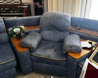 Blue Reclining Sectional Sofa with Wood Accents