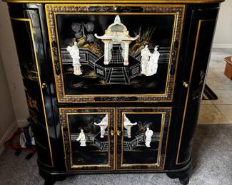Black Lacquer Mother of Pearl Asian Bar Cabinet with Mirror