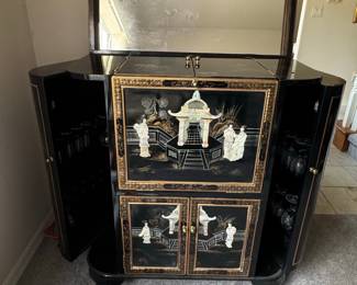 Black Lacquer Mother of Pearl Asian Bar Cabinet with Mirror