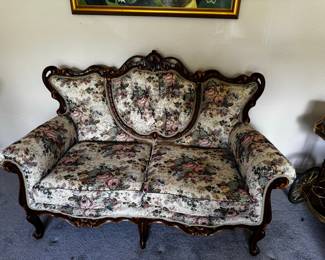Victorian Style Floral Sofa with Carved Wood Frame