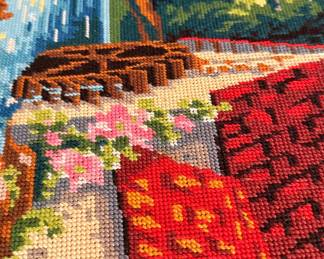 Vintage Needlepoint Landscape with Waterfall and Cottage