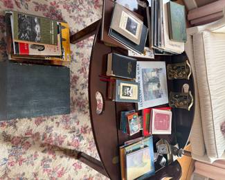 Coffee table, Books. clocks and bookemds