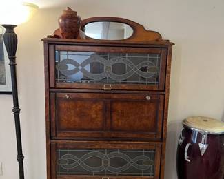Antique-Style Drop Leaf Secretary with Lead Glass Shelves $150