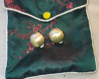 Vintage Richelieu Faux Pearl Clip-On Earrings and Embroidered Pouch Set