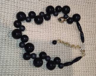 Chunky Black Glass Bead Necklace with Gold-Tone Clasp