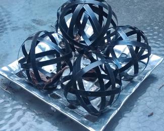 Set of 5 Black Metal Decorative Spheres in Silver Tray