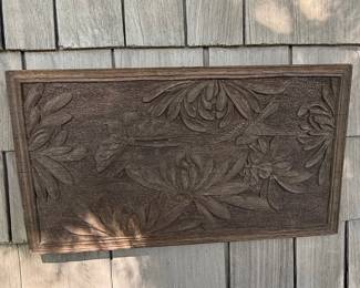 Antique Carved Wooden Plaque with Floral and Bird Motif