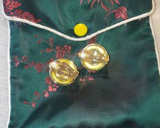 Vintage Chinese Brocade Jewelry Pouch with Pearl and Gold-Tone Clip-On Earrings