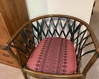 Vintage Bamboo and Rattan Armchair with Pink Geometric Cushion