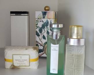 Bvlgari Eau Parfumee au the vert Eau de Cologne, Ellen Tracy Perfume Bottle, and Napa Soap Company Bar