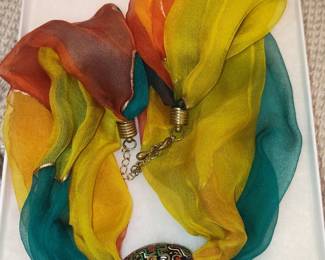 Bohemian Style Silk Scarf Necklace with Enamel Pendant