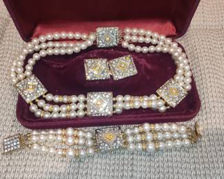 1950s Three-Strand Faux Pearl Necklace, Bracelet, and Earring Set with Rhinestone Clasp