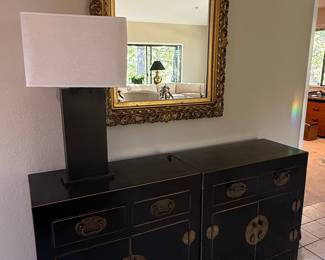 Pair of Black Lacquered Chinese Side Cabinets with Brass Hardware