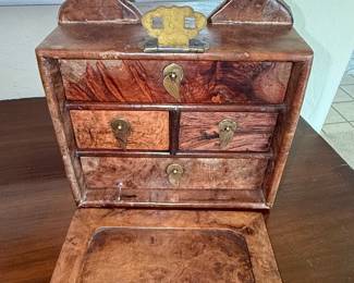 Antique Asian Burl Wood Jewelry Box with Brass Hardware