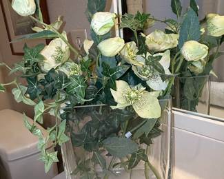 Artificial Hellebore and Ivy Arrangement in Glass Cube Vase