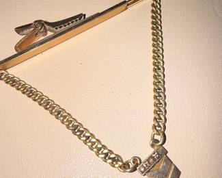 Vintage Chevron Tie Clip with Chain and Stones