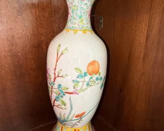 Vintage Chinese Famille Rose Porcelain Vase with Wooden Stand