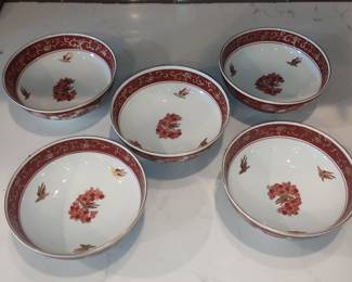 Set of 5 Vintage Japanese Porcelain Bowls with Bird and Floral Motif - Andrea by Sadek