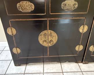 Pair of Black Lacquered Chinese Side Cabinets with Brass Hardware