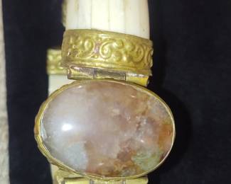 Antique Carved Bone and Agate Hinged Bracelet - Possibly Indian Origin
