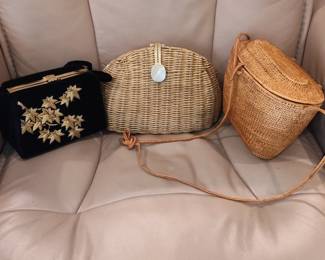 Vintage Black Velvet Embroidered Handbag and Wicker Handbags