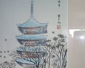 Japanese Pagoda Watercolor Painting by Nisaburo Ito