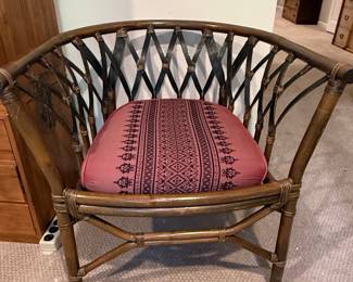 Vintage Bamboo and Rattan Armchair with Pink Geometric Cushion