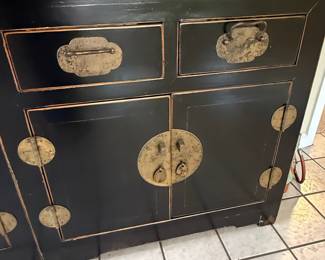 Pair of Black Lacquered Chinese Side Cabinets with Brass Hardware