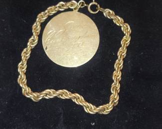 Engraved Gold Plated Rope Chain Bracelet with Round Disc Pendant
