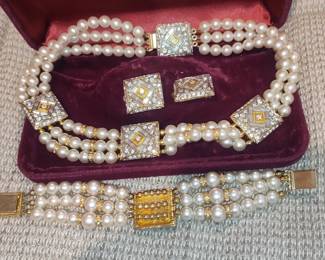 Art Deco Style Faux Pearl and Rhinestone Jewelry Set with Box