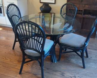Vintage Black Rattan Dining Set with Round Glass Top
