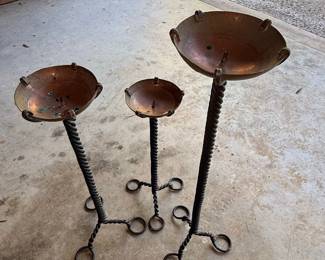 Set of Three Twisted Wrought Iron Pedestal Planters/Bird Baths with Copper Bowls