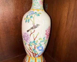 Vintage Chinese Famille Rose Porcelain Vase with Wooden Stand