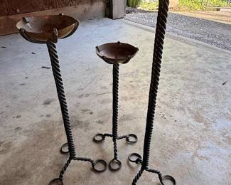 Set of Three Twisted Wrought Iron Pedestal Planters/Bird Baths with Copper Bowls
