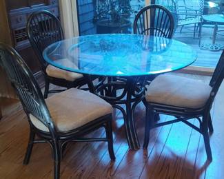 Vintage Rattan Dining Set with Glass Top and Windsor-Style Chairs