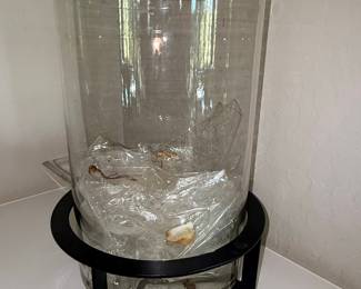 Large Cylindrical Glass Hurricane Vase with Black Metal Stand