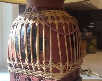 Vintage Woven Rattan and Ceramic Table Lamp
