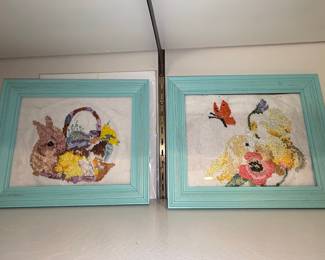 Framed Cross-Stitch Art - Bunny with Basket and Flowers with Butterfly