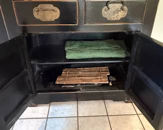 Pair of Black Lacquered Chinese Side Cabinets with Brass Hardware