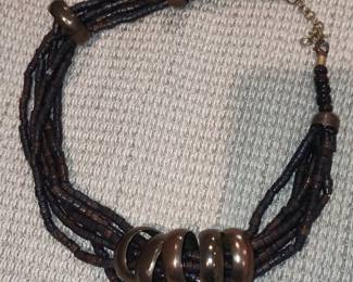 Multi-Strand Wood Bead Necklace with Copper-Tone Rings