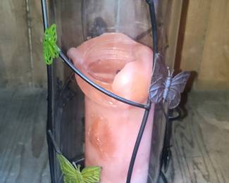 Glass Hurricane Candle Holder with Butterfly Embellishments