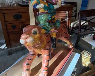 Chinese Polychrome Glazed Ceramic Warrior Riding a Tiger Roof Tile