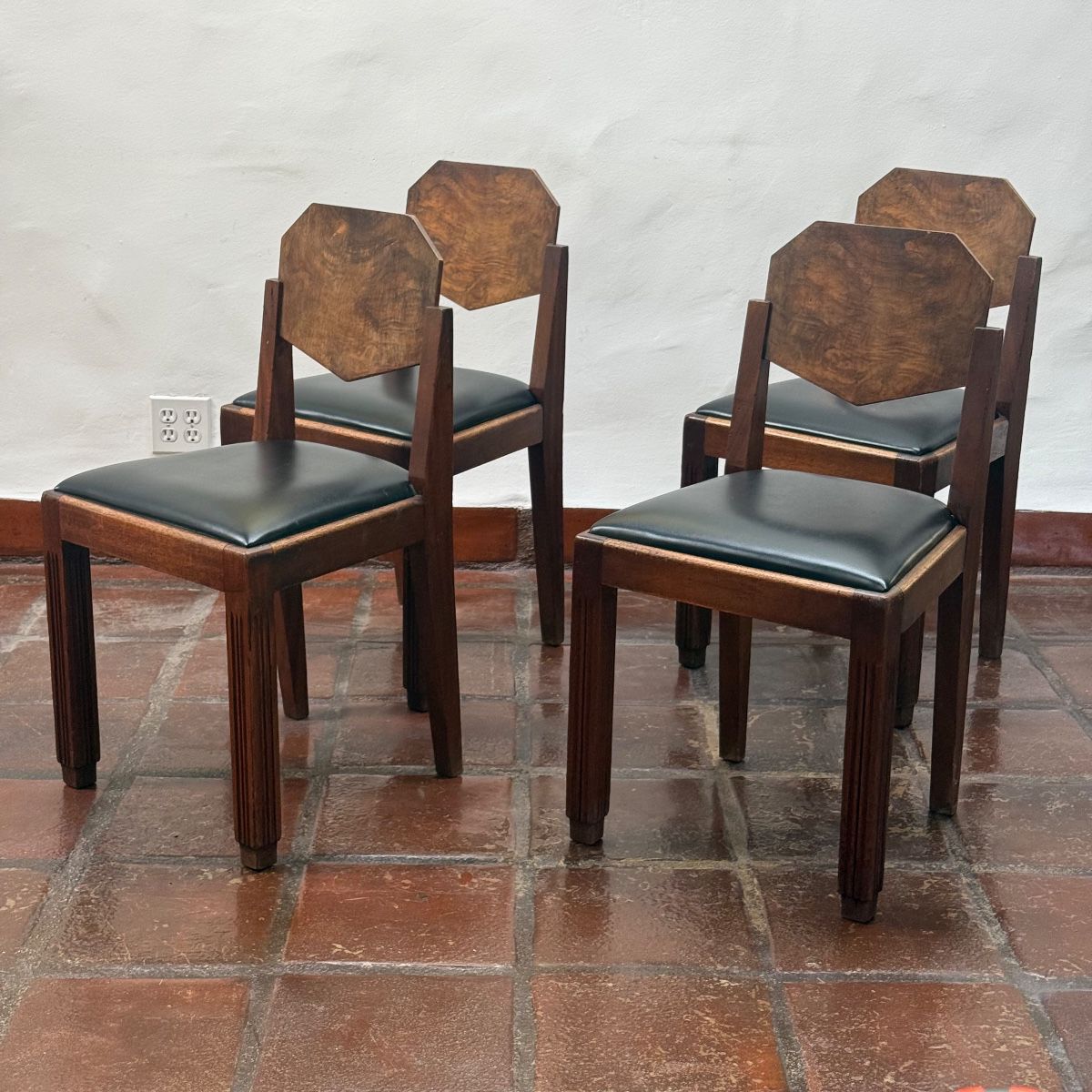 Antique Art Deco Walnut Dining Chairs c. 1930 with Black Leather-style seats, a set of 4  32.5”Hx 18”W x 16.5”D
