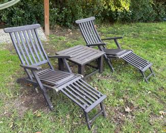 Teak & Brass Outdoor Loungers with table. 