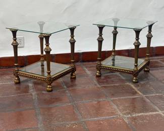 Carved Gilt Wood Italian / French Side Table  with Glass Top and Shelf, a Pair  19” Square x 20.5”H