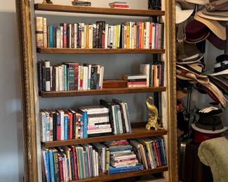 Custom Made Designer Book Shelf from Antique Gold Gilt Frame with Steel and Wood shelves  Approx 59” W x 83” H x 28” D   Shelves 14” D x 46.5”W