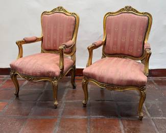 Antique French Provincial Arm Chair in Gold Gilt Wood with Pink and Cream Silk studded Upholstery, a Pair