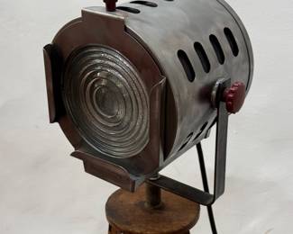 Designer Floor Lamp constructed from Antique Film Light on Antique Wood Tripod  50”H - Base 18” Diameter