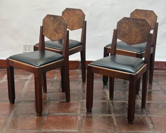 Antique Art Deco Walnut Dining Chairs c. 1930 with Black Leather-style seats, a set of 4  32.5”Hx 18”W x 16.5”D